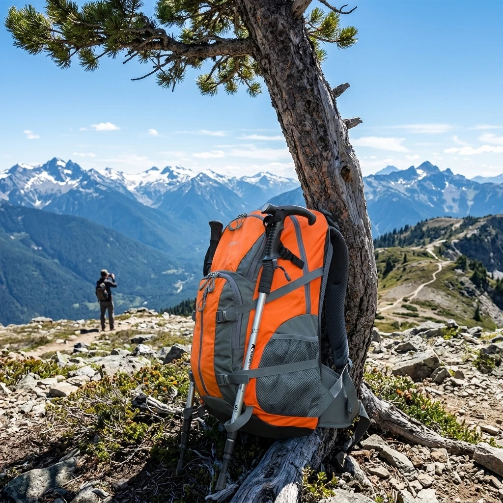 ApexPack Backpack standing on scenic mountain trail