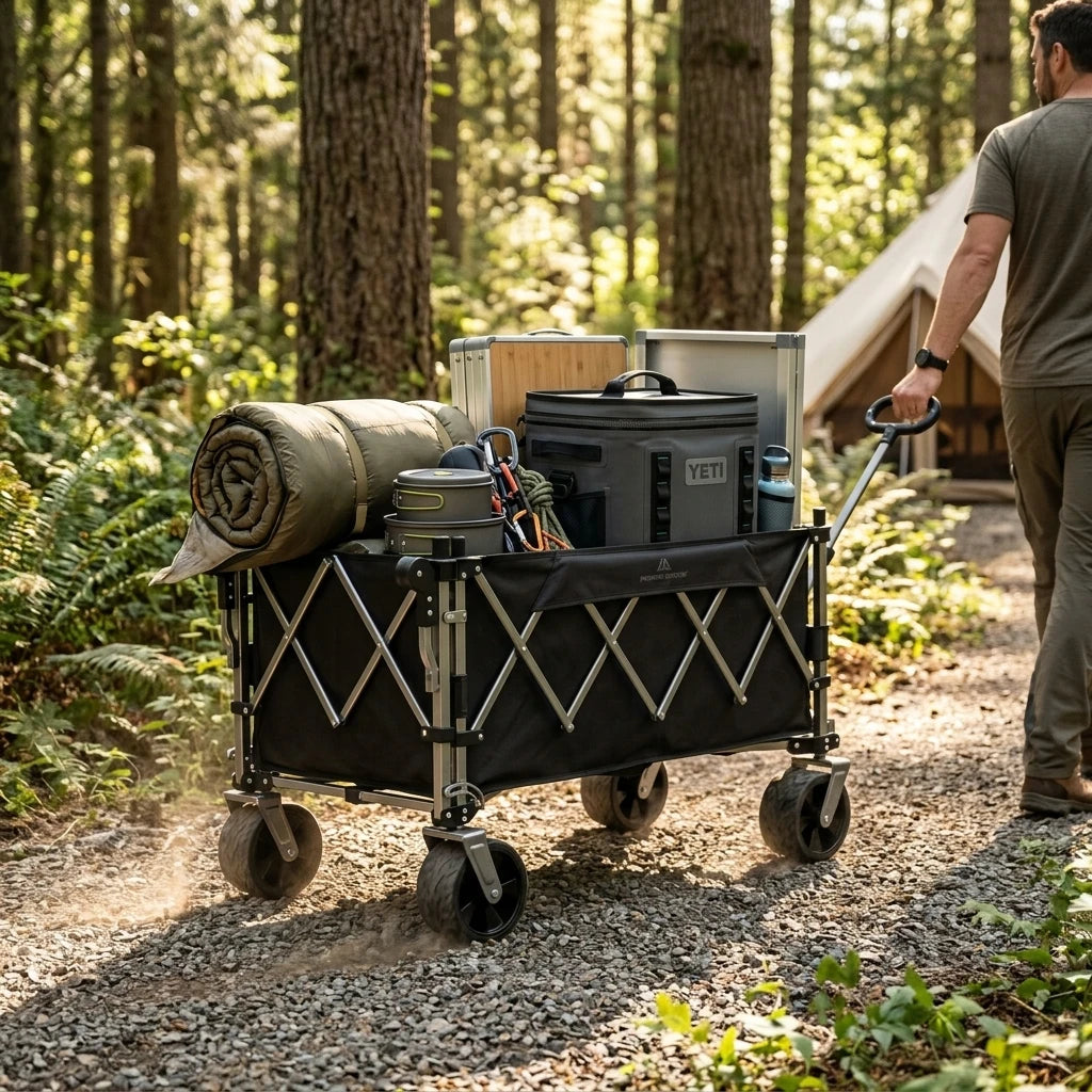TerraCart heavy duty folding utility wagon parked on a lush forest path