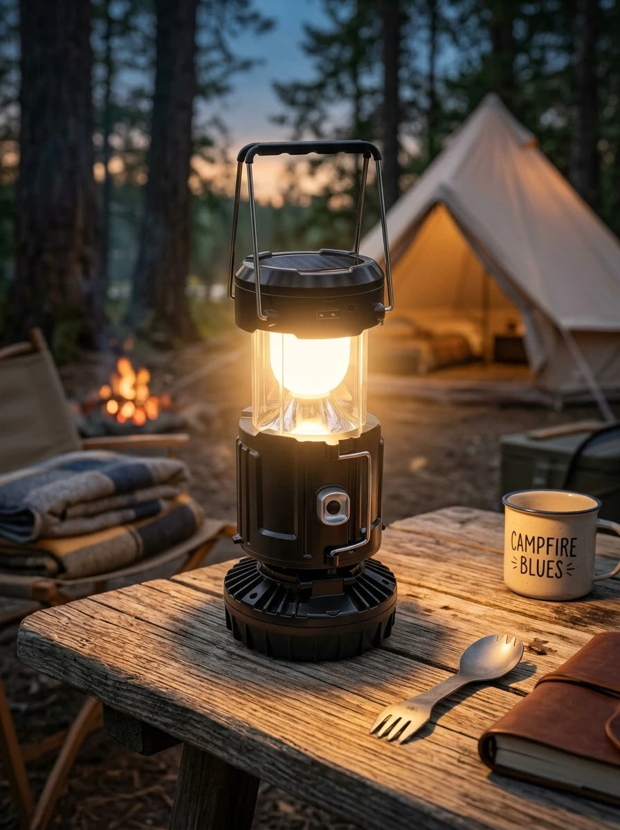 SolarGlow™ Waterproof Camping Lantern glowing warmly on a rustic wooden camping table at dusk
