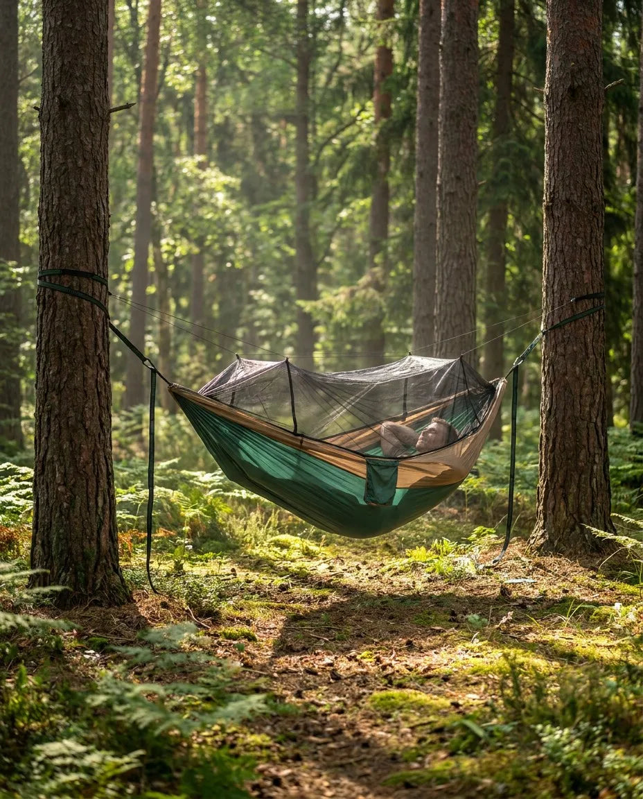 Peak Horizon Camping Hammock with Mosquito Net - forest setup