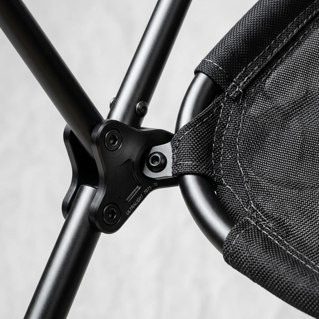 Close-up detail of moon chair high-strength joints and heavy-duty stitching