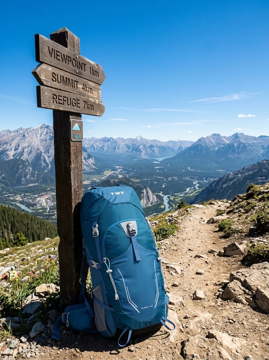 NomadTrek™ 50L Hiking Backpack leaning against a wooden signpost on a scenic mountain trail overlooking a sweeping valley