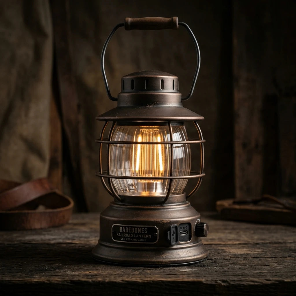 Close-up detail of vintage lantern bronze metal casing and USB-C port