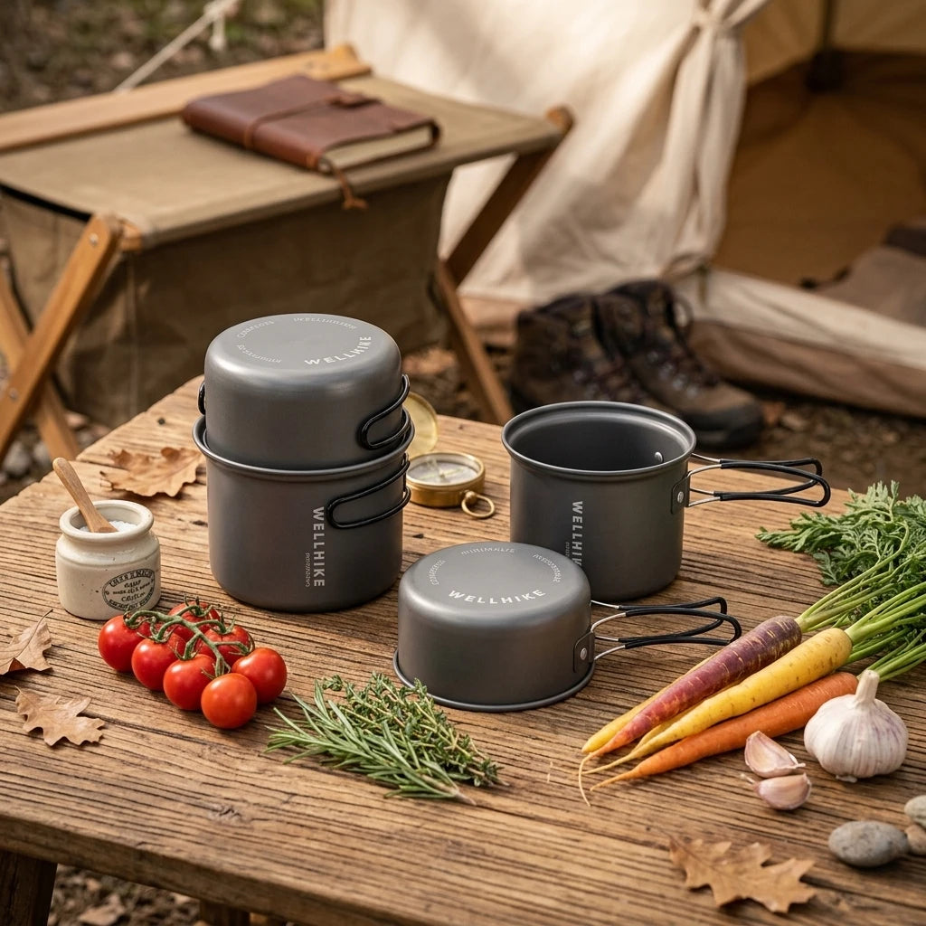 AeroFeast non-stick camping cookware arranged on a rustic wooden camp table