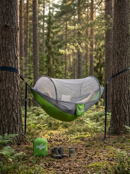 HavenRest™ Camping Hammock with Mosquito Net suspended between two pine trees in a serene forest clearing