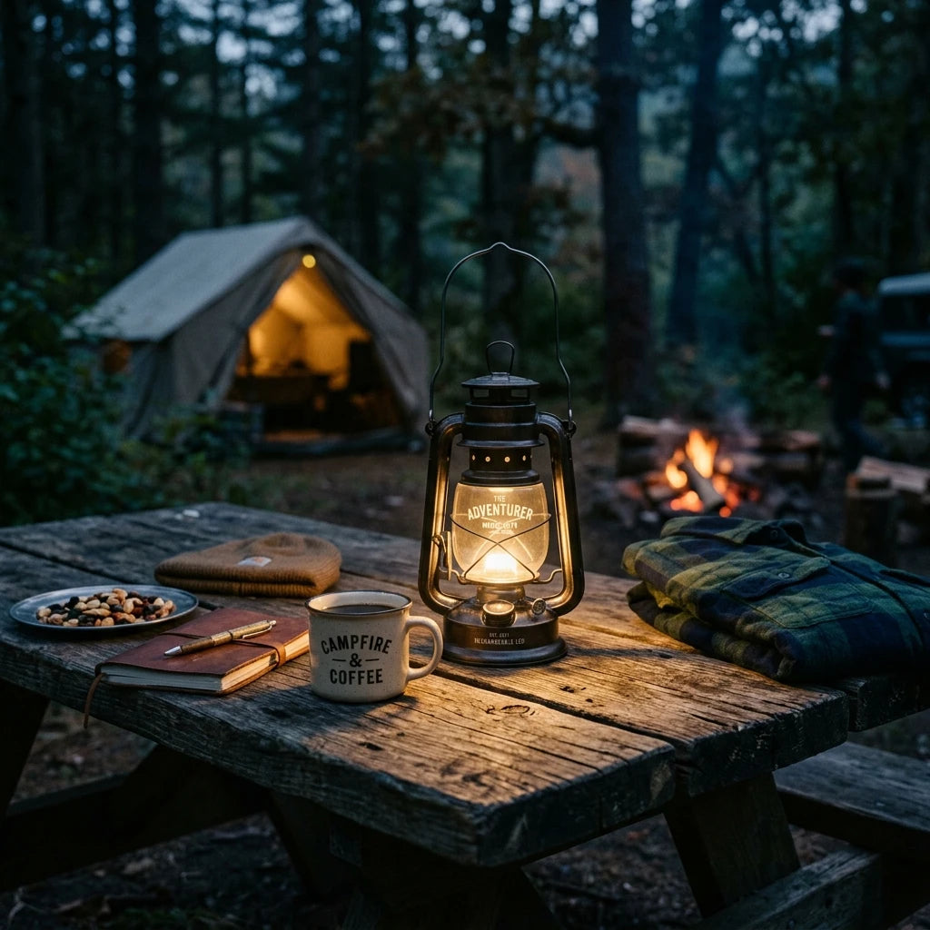 Vintage LED Camping Lantern hanging on a campsite tree at dusk