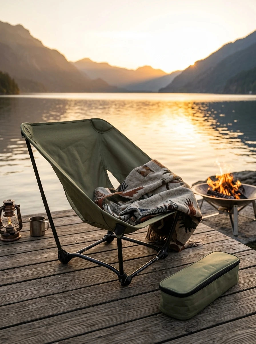 HorizonRest™ Folding Camping Chair placed on a wooden deck overlooking a serene mountain lake at sunset