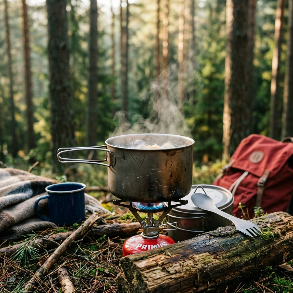 Titanium camping cookware cooking boiling water on an outdoor camp stove