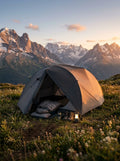 SummitGuard™ Ultralight 2-Person Camping Tent pitched on a scenic alpine meadow at sunset