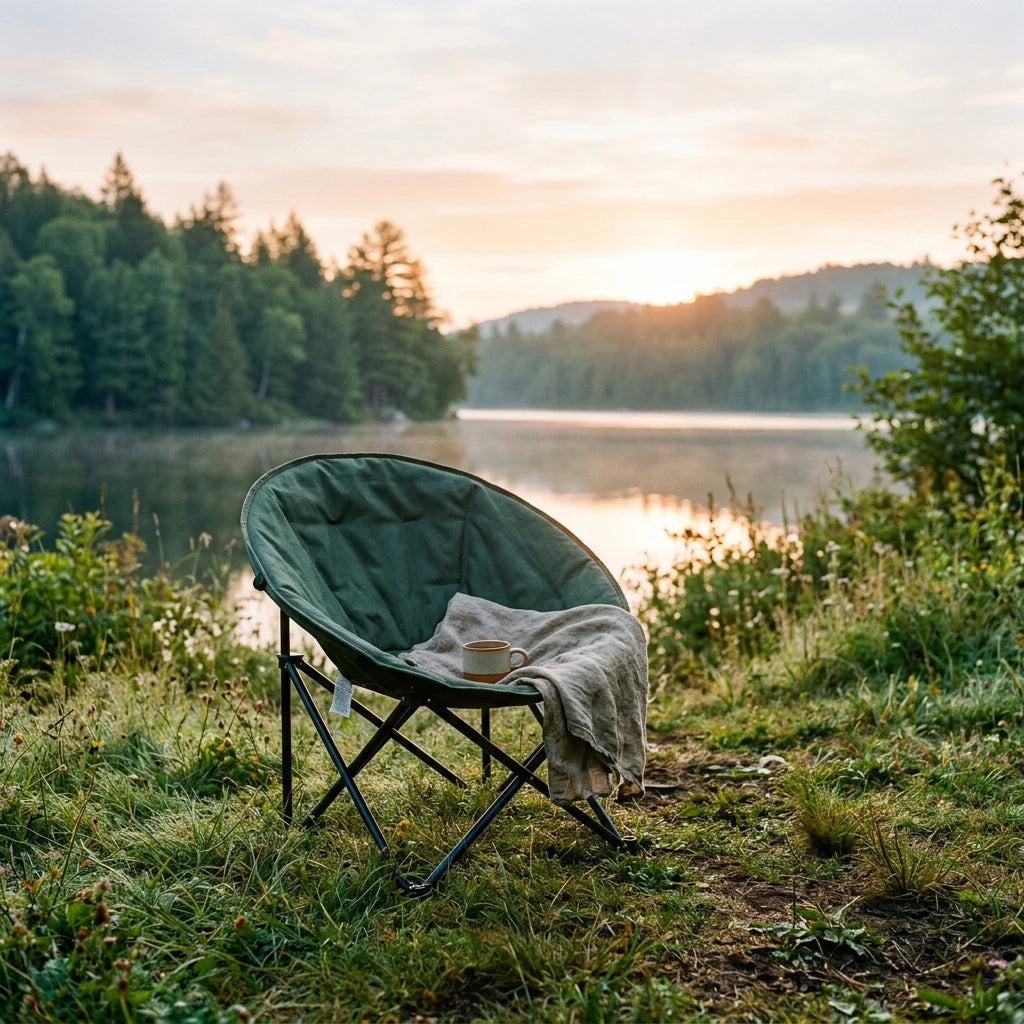 Wildhaven Folding Moon Chair positioned in a grassy clearing, outdoor camping scene