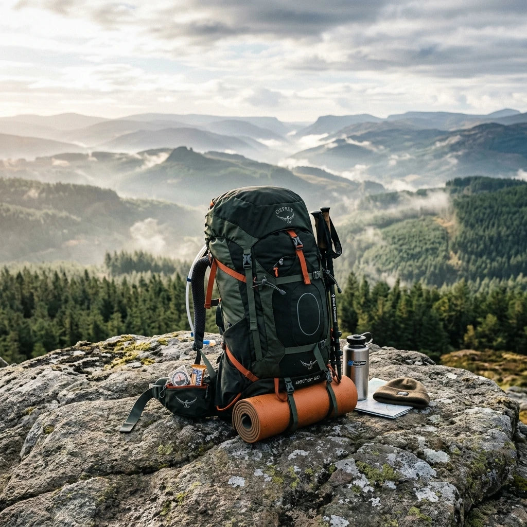 Nomad's Trek technical hiking backpack resting on rocks overlooking mountains