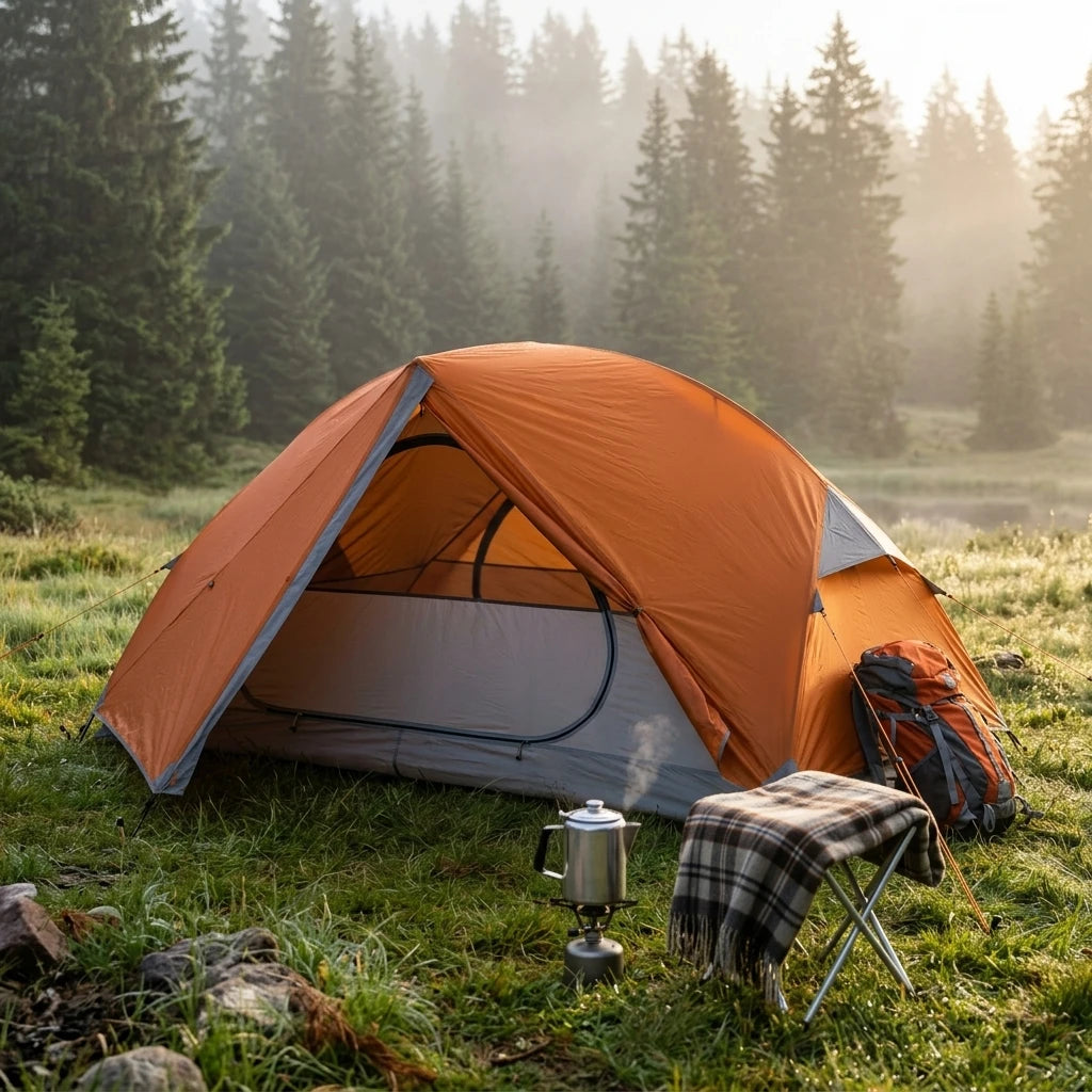 Sunset Orange TrailBlazer 2-person tent in misty pine forest