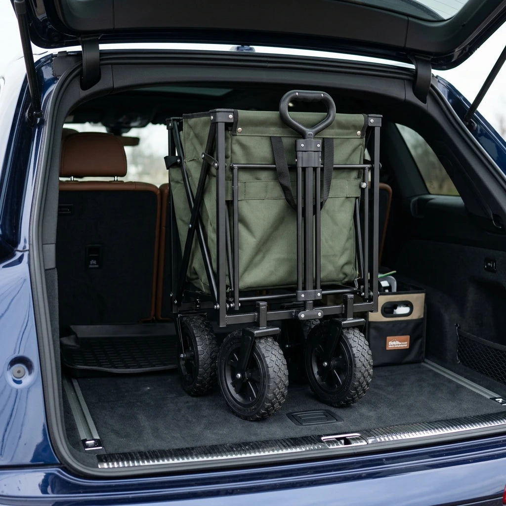 Close-up detail of collapsed camping wagon folded neatly into a car trunk