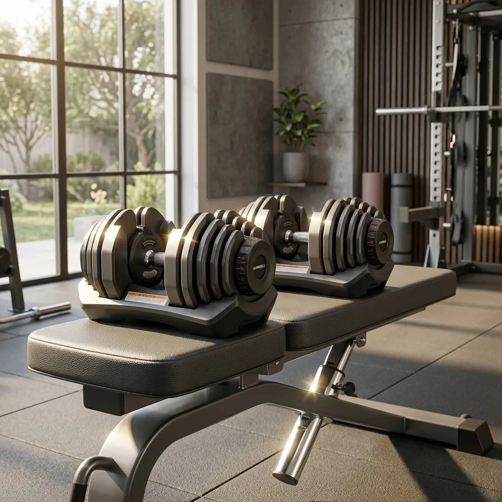 Adjustable dumbbells on workout bench in home gym