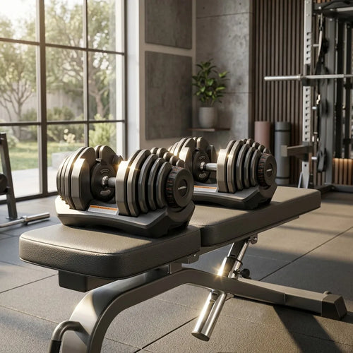 Adjustable dumbbells on workout bench in home gym