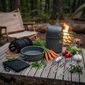 TrailFeast Cookware Mess Kit styled on camping wooden table in forest