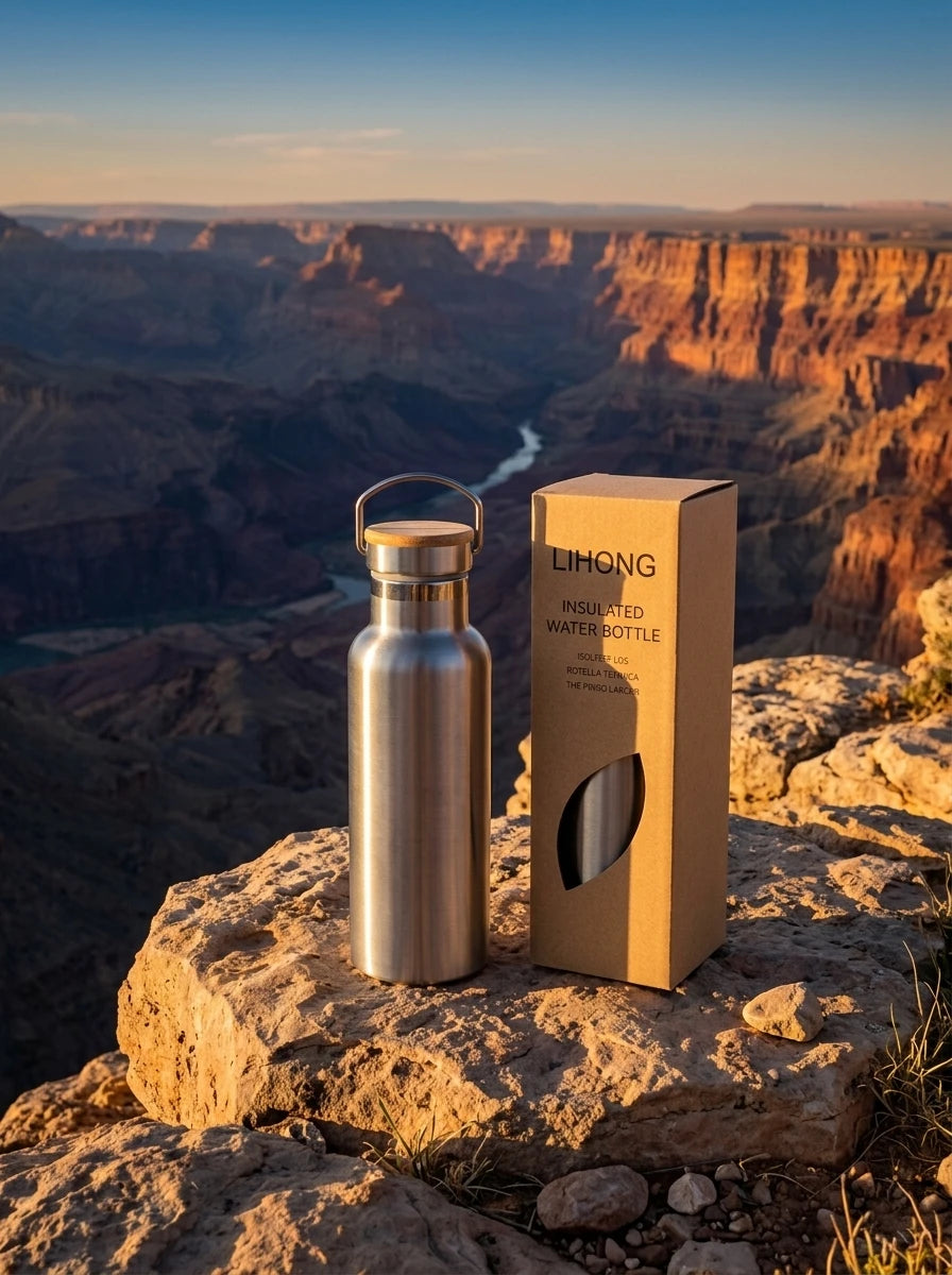 ThermosShield™ Insulated Water Bottle resting on a scenic outdoor mountain rock overlooking a deep canyon during golden hour