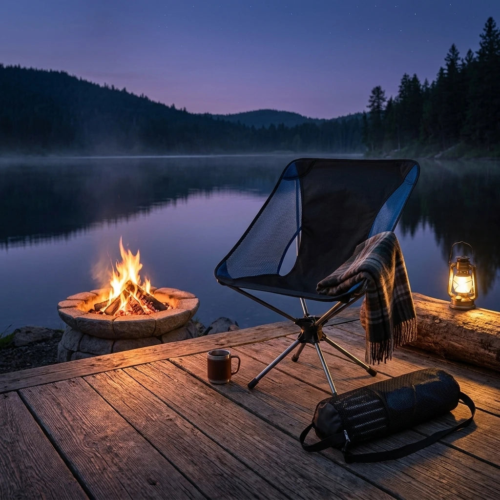 NovaRest Moon Chair styled on wood deck at outdoor campsite
