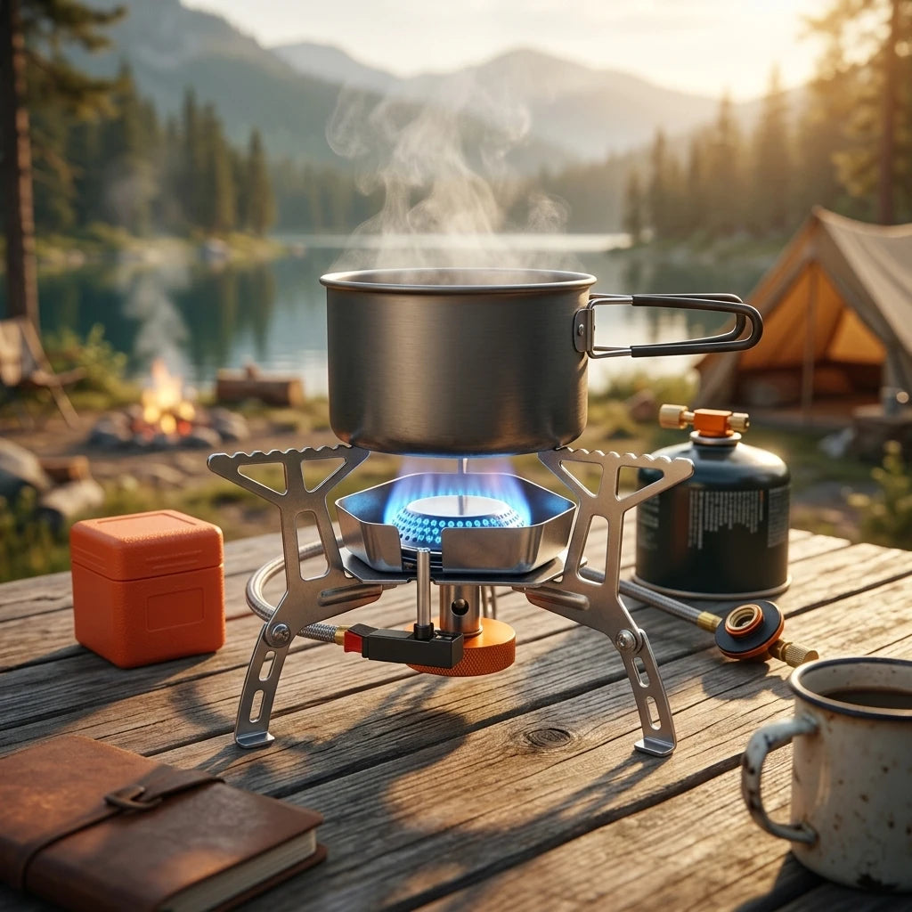 AeroStove windproof pocket camp burner boiling a kettle of water outdoors