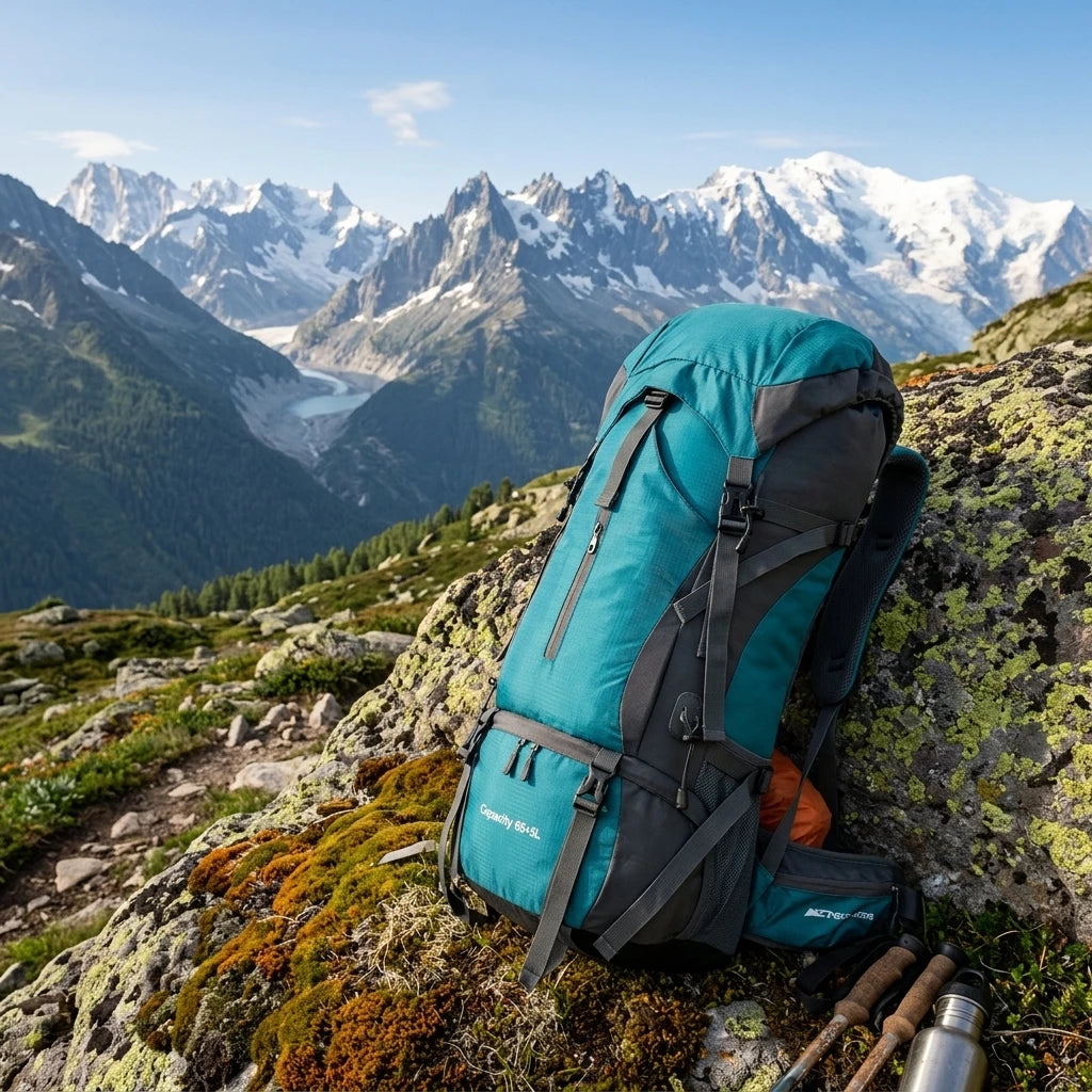 ApexPeak 70L trekking backpack resting on a mossy rock in the mountains