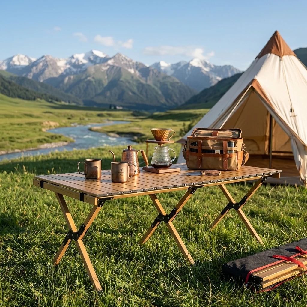 TerraWeave Camp Table Unfolded at green forest mountain campsite
