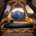 AlpineWarm Down Sleeping Bag in use inside cosy camping tent
