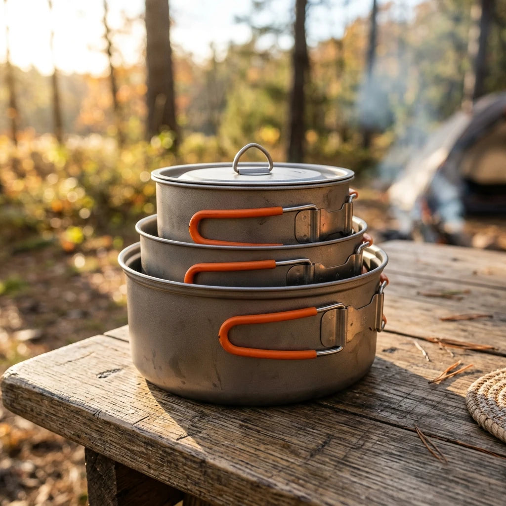 Close-up nested arrangement of titanium pots with folded orange handles