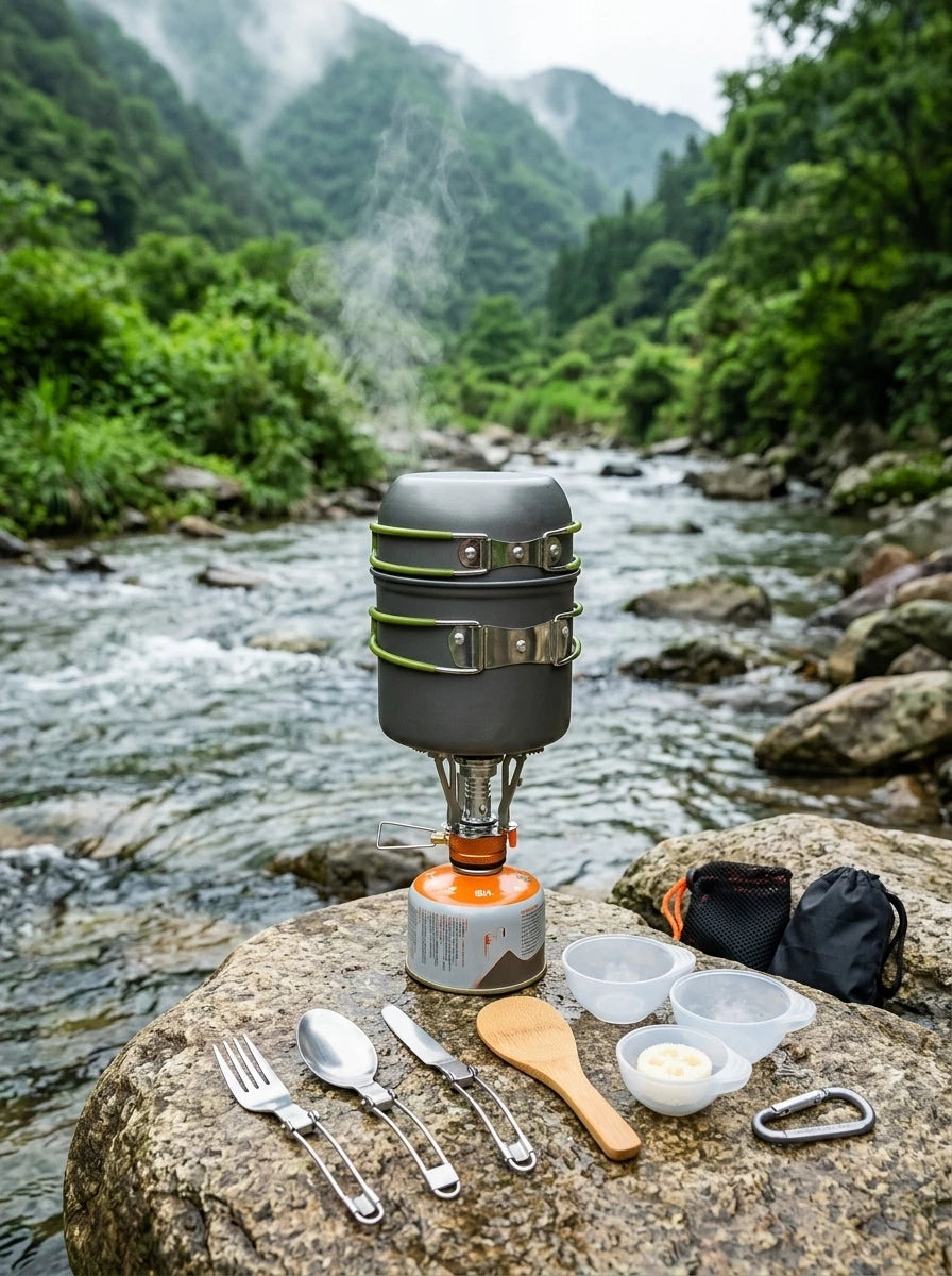 TrailChef™ 10-Piece Camping Cookware Set placed on a flat stone next to a flowing river in a lush green valley
