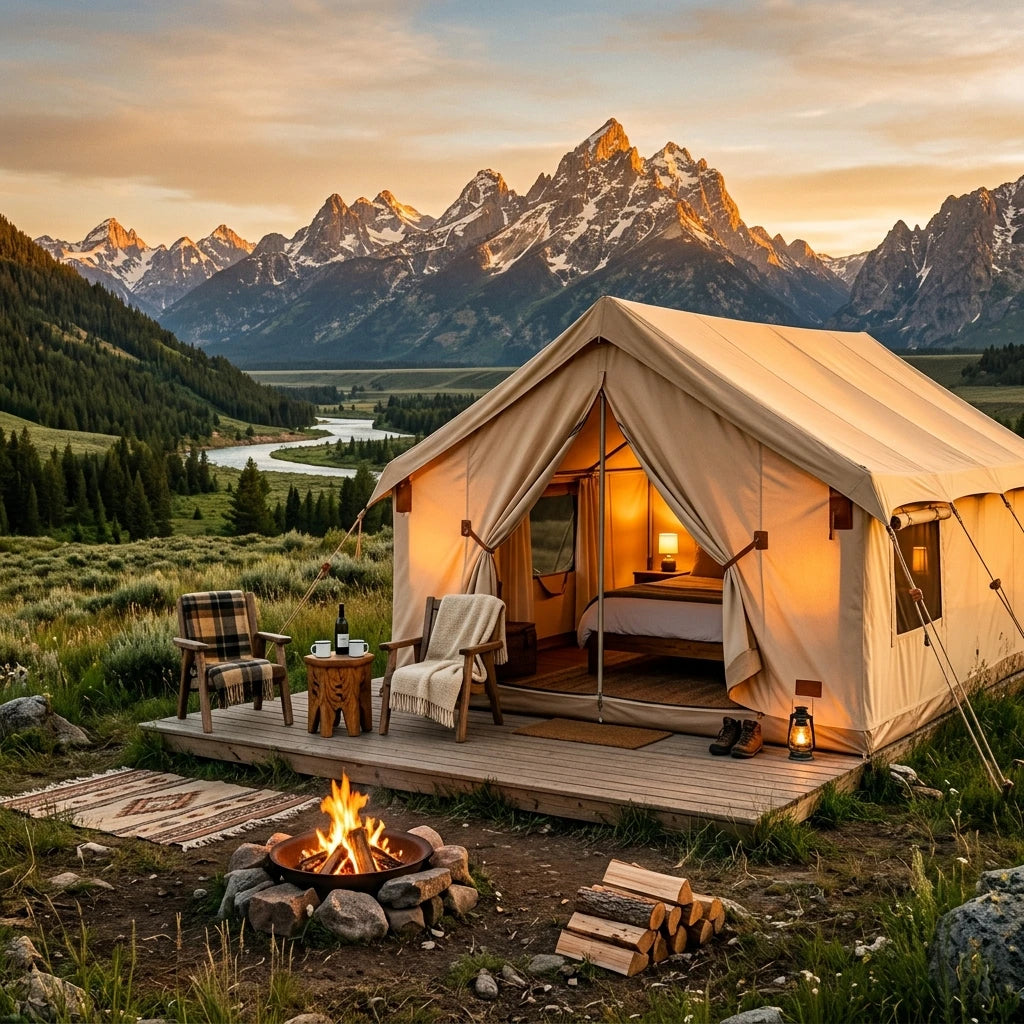 Nomad's Haven Glamping Tent on green field under blue sky