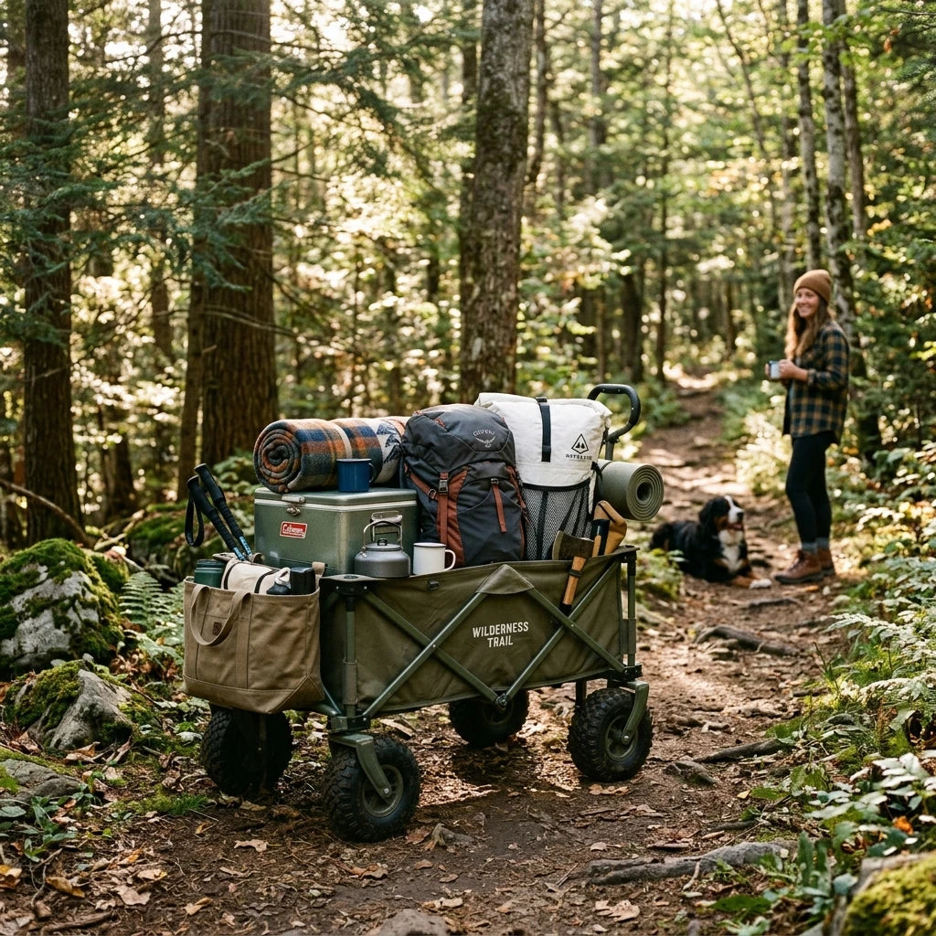 Folding camping wagon filled with glamping gear resting on a trail path