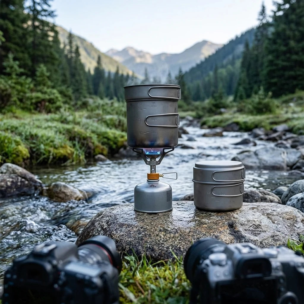 ApexTi Pure Titanium Cookware Set on burner boiling water in scenic outdoor camping lifestyle scene