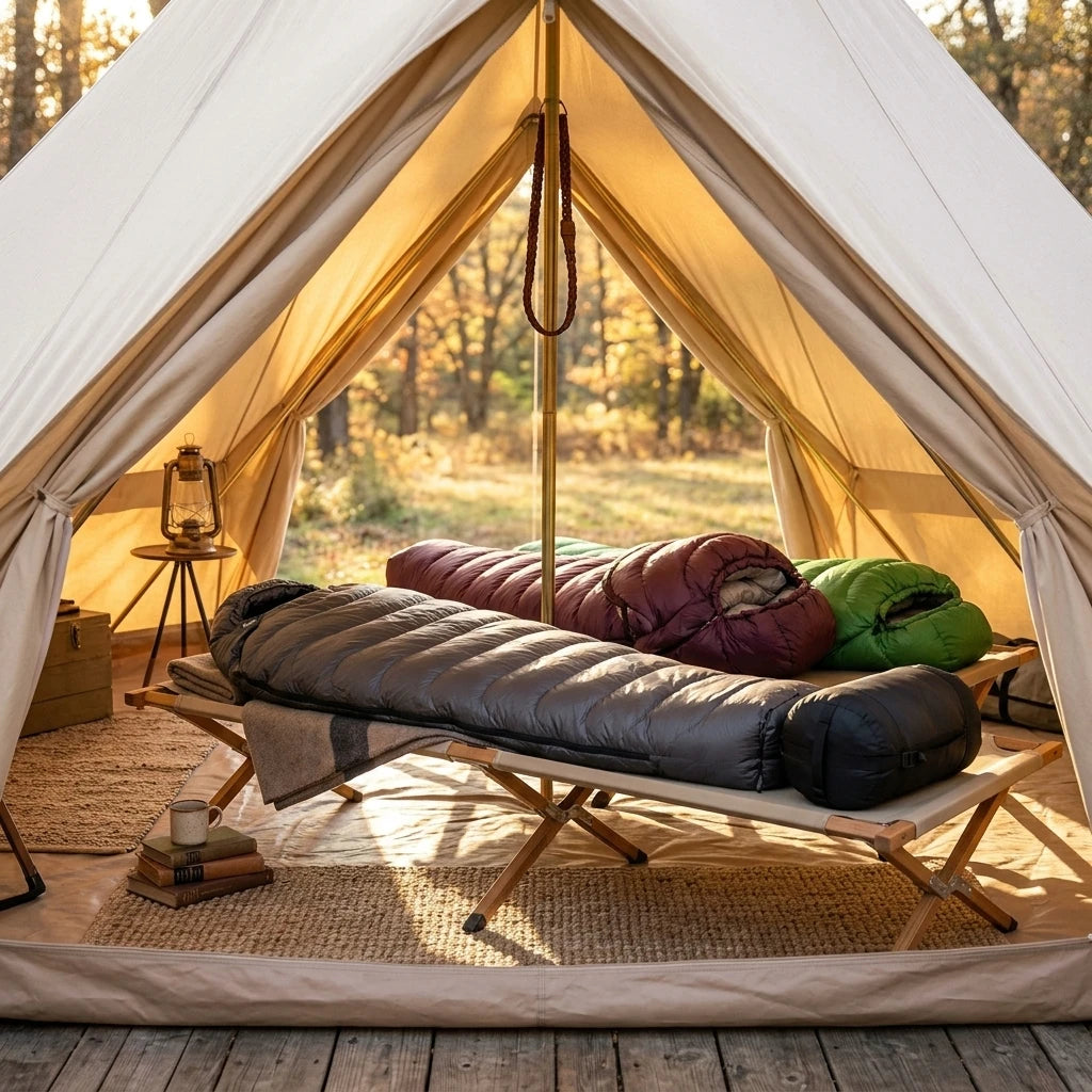 SummitSleep Goose Down Sleeping Bag inside luxury tent