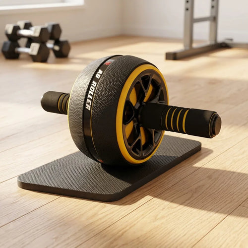 Ab roller on light wood floor with knee mat
