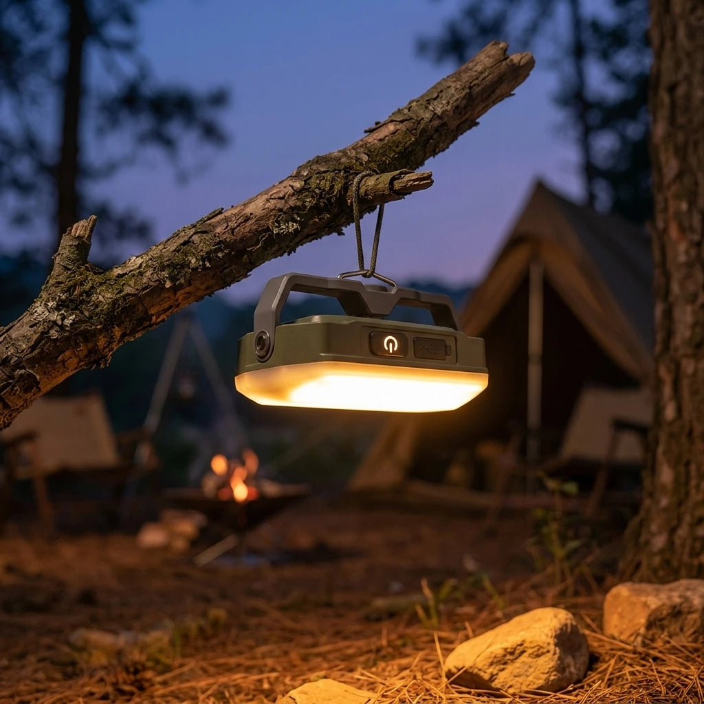 AuraGlow Retro Lantern glowing warm light hanging on tree branch at campsite