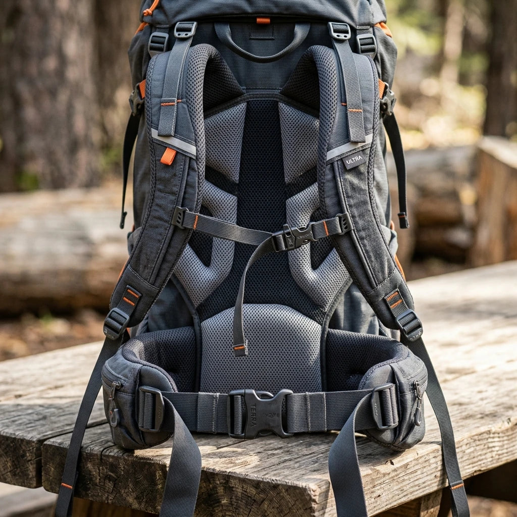 Close-up detail of hiking backpack harness suspension back panel and chest strap