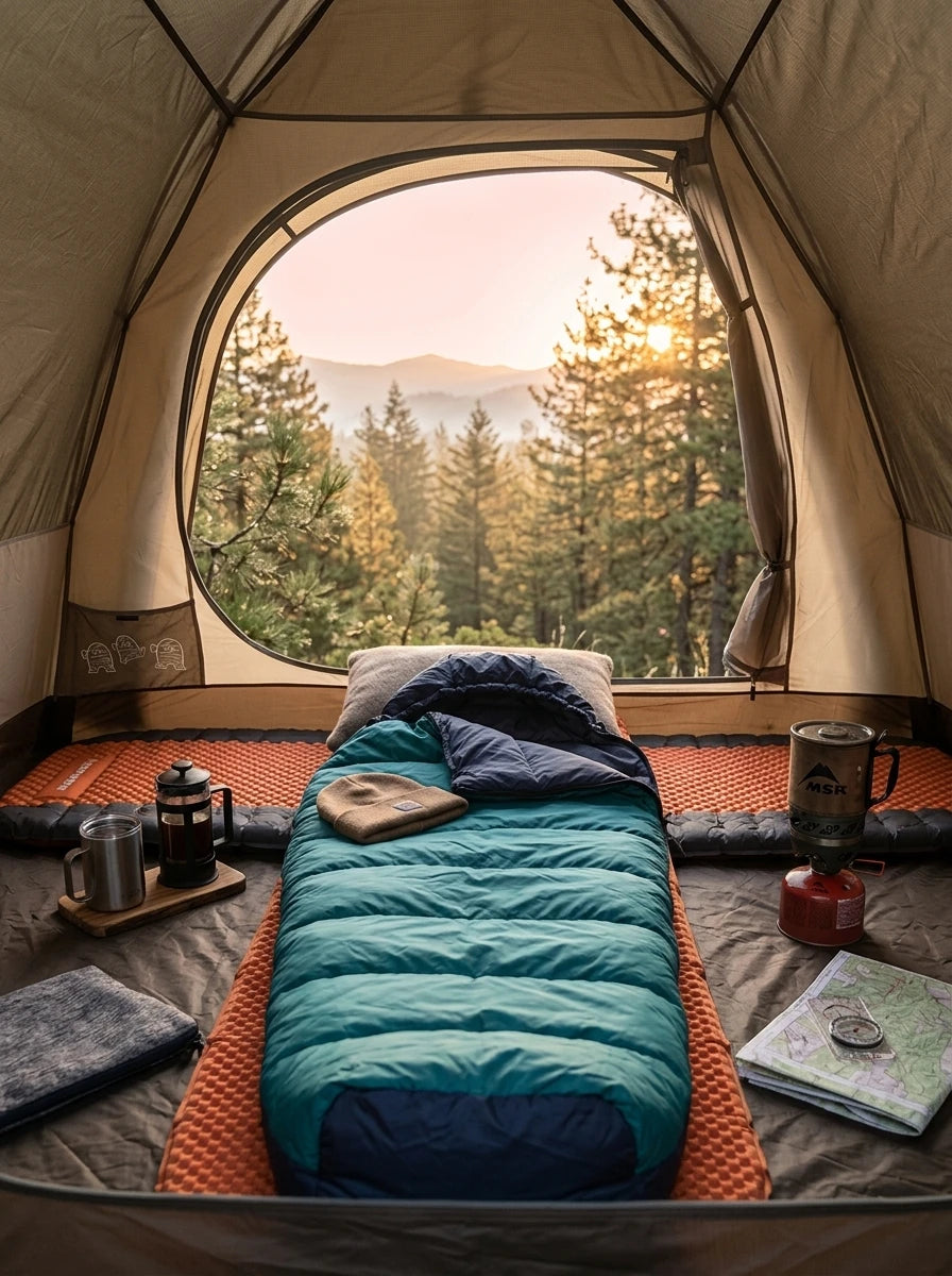AeroDown™ Mummy Sleeping Bag laid out inside a cozy open tent looking out onto a pine forest at sunrise