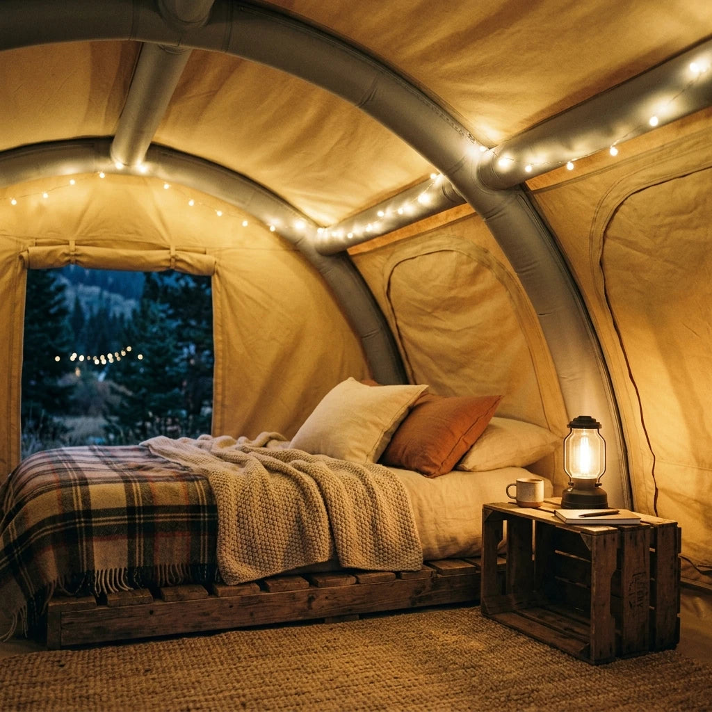 Cozy interior detail of Nomad's Haven tent showing inflatable columns and warm lighting